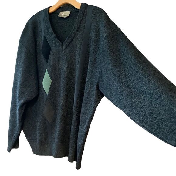 Gabicci Legato Men’s Sz XL Gray Wool Side Suede Diamond Pattern V-Neck Sweater - Picture 3 of 8